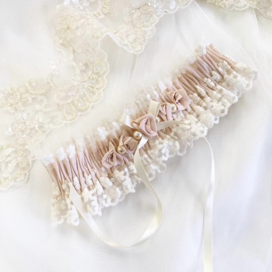 Boudoir Couture Rhapsody Blush Silk And Ivory Tulle Vintage Lace Garter With Rose Detail Clearance