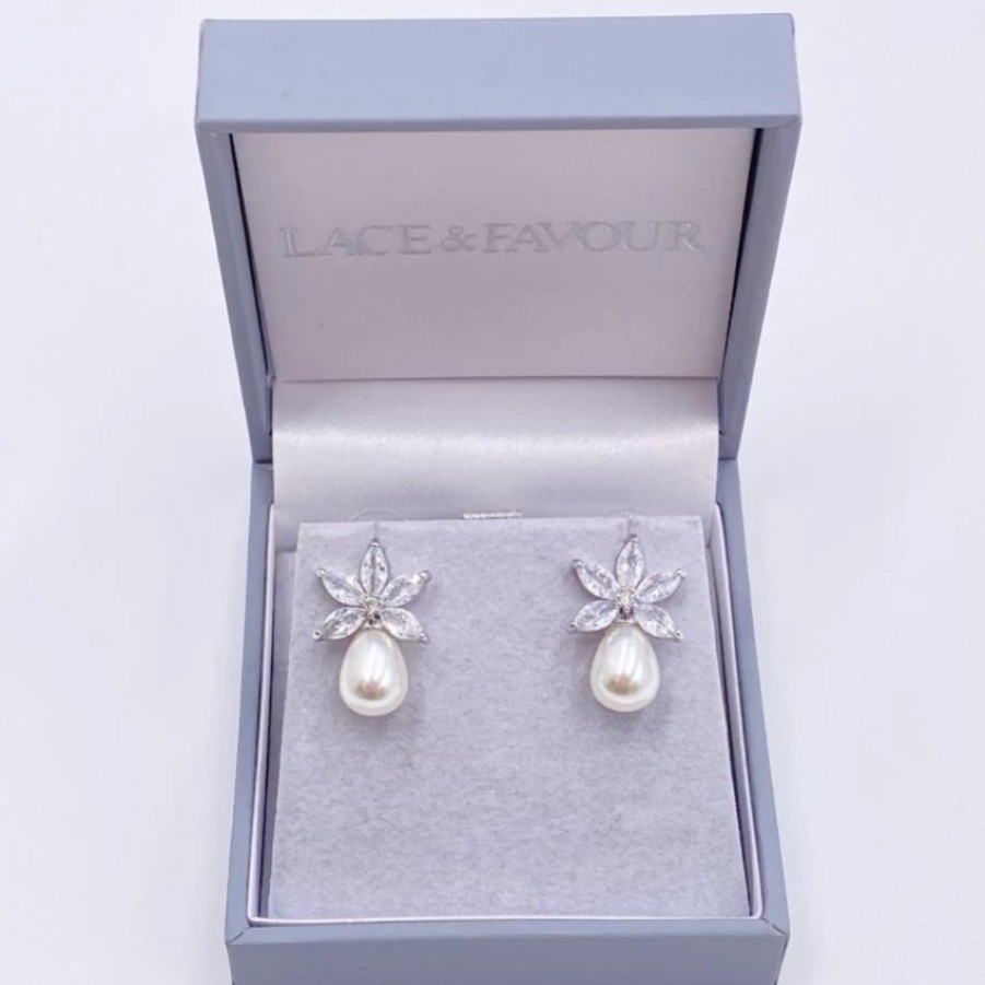 Lace & Favour Sahara Silver Crystal Leaves And Teardrop Pearl Earrings Best