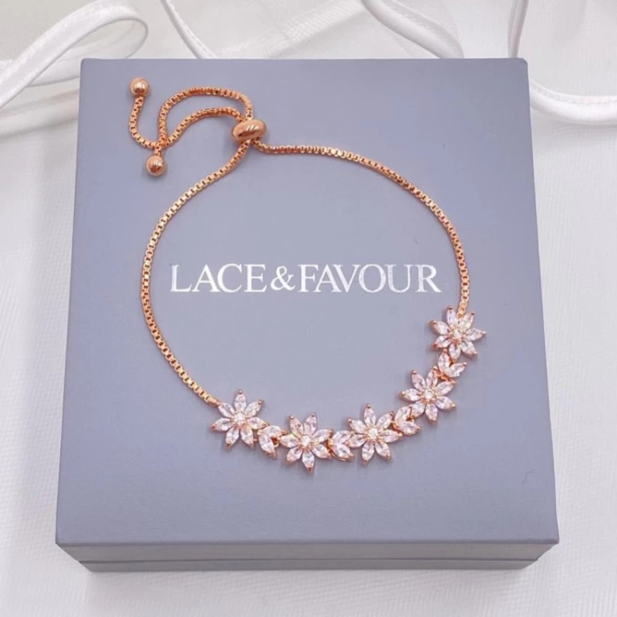 Lace & Favour Daisy Rose Gold Floral Crystal Adjustable Bracelet New