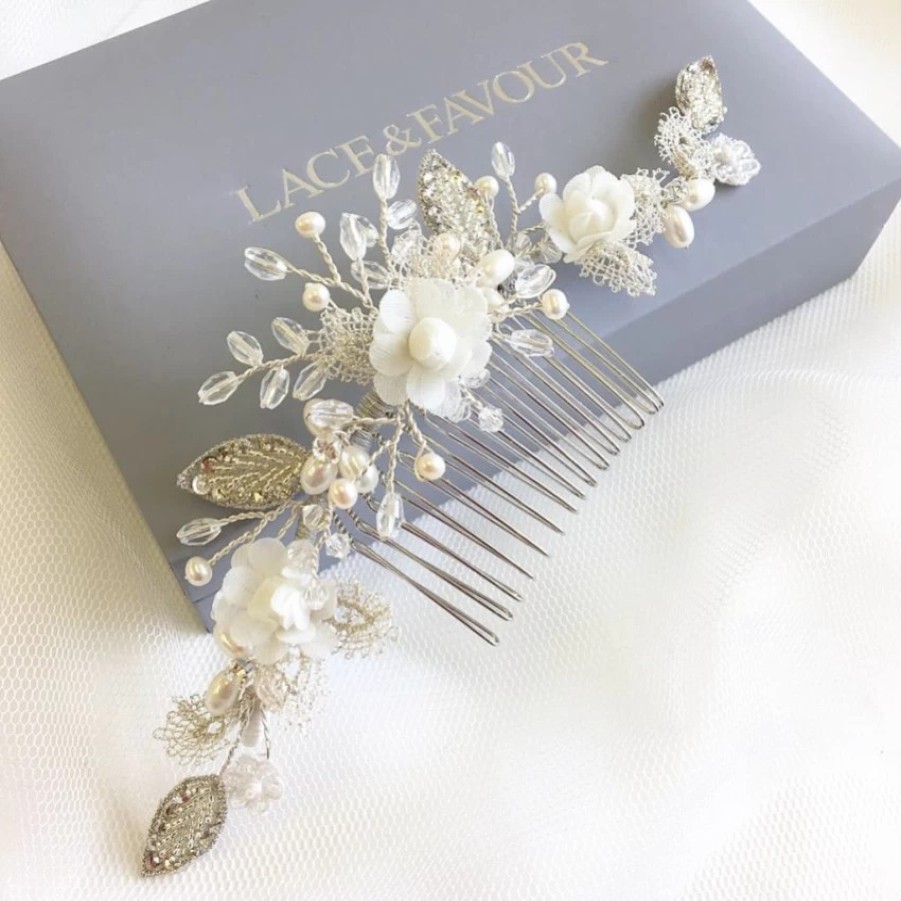 Beads & Beyond Tabitha Silver Leaves And Ivory Flowers Pearl Hair Comb Wholesale