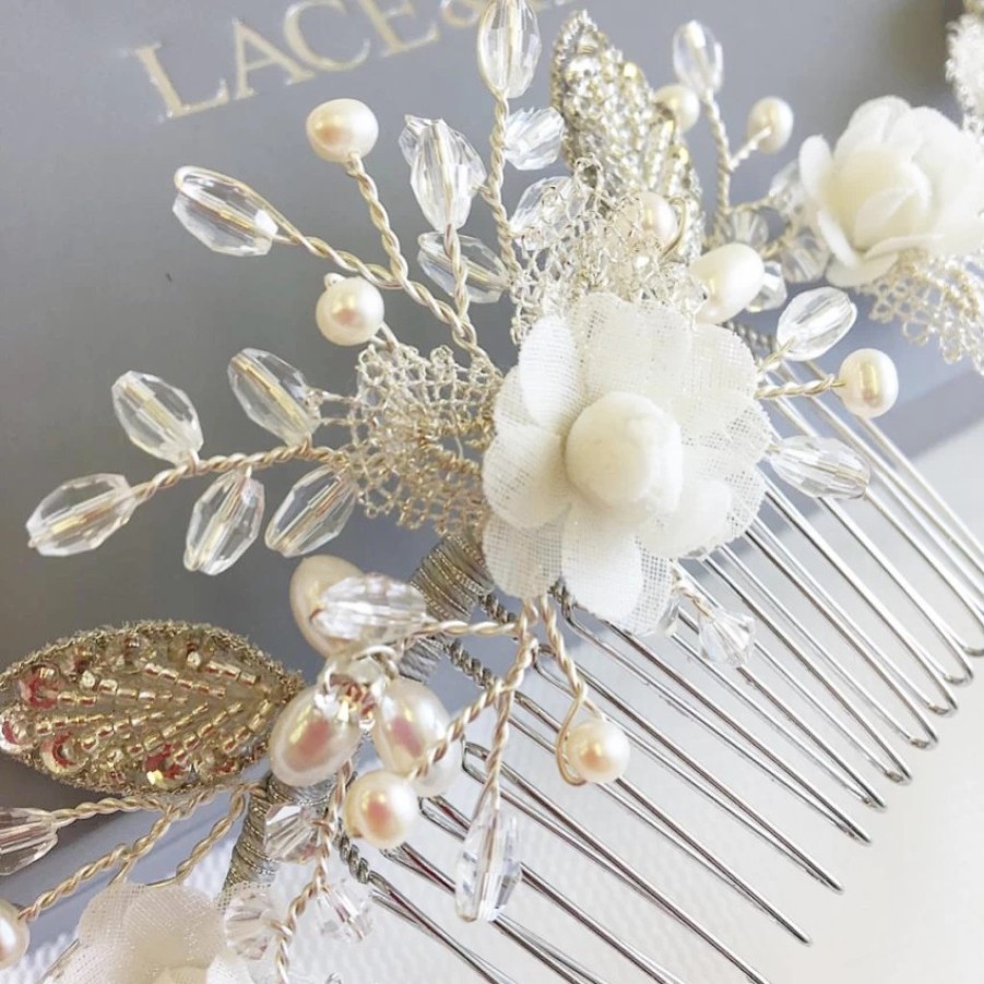 Beads & Beyond Tabitha Silver Leaves And Ivory Flowers Pearl Hair Comb Wholesale