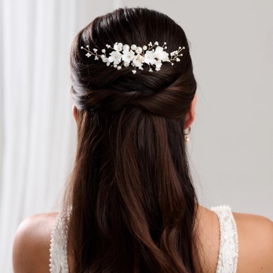 Lace & Favour Anemone Ivory Porcelain Flowers And Pearl Wedding Hair Comb (Gold) Clearance