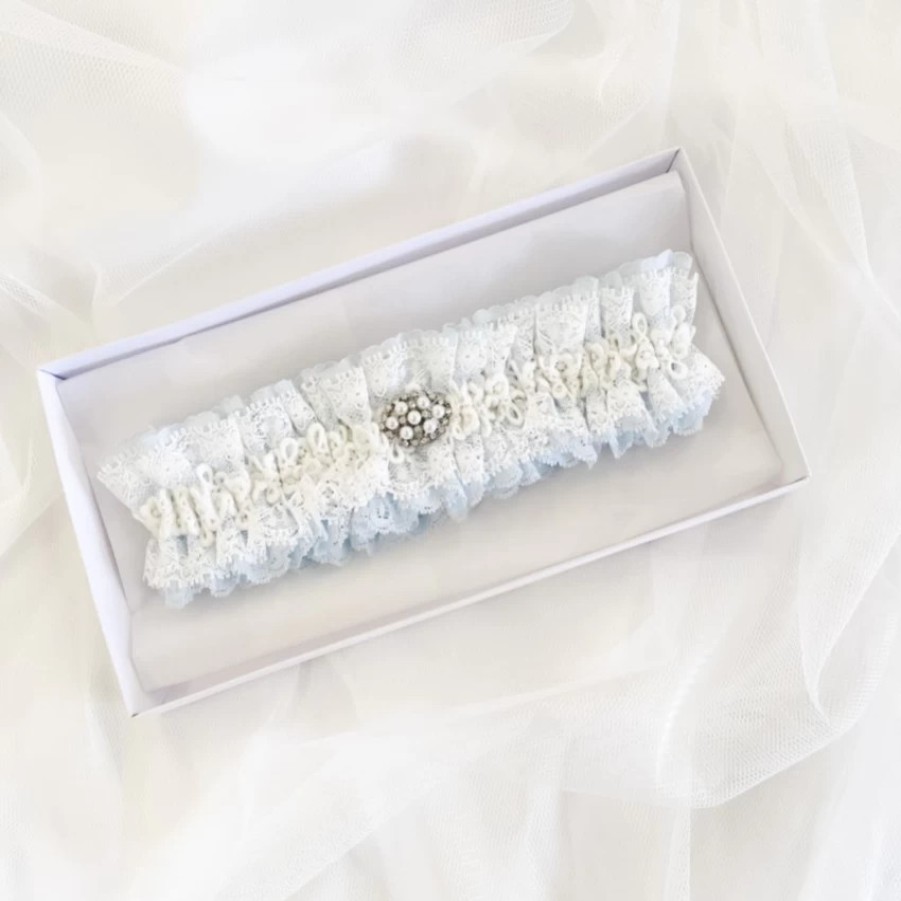 Boudoir Couture Promise Blue And Ivory Lace Garter With Pearl And Crystal Brooch Hot