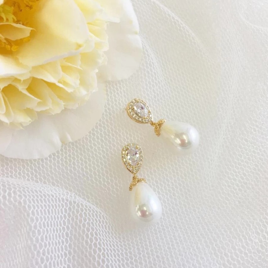 Lace & Favour Paloma Teardrop Pearl Wedding Earrings (Gold) Hot