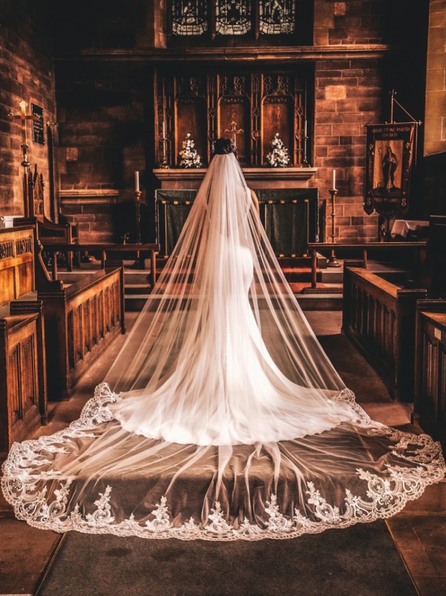 Perfect Bridal Perfect Bridal Ivory Single Tier Cathedral Veil With Lace Train Hot