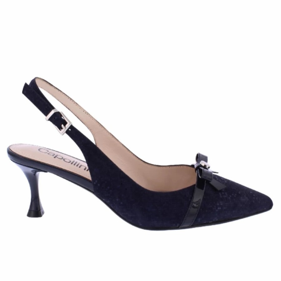 Capollini Capollini Allegra Navy Nubuck Leather Slingback Heels With Bow Detail New