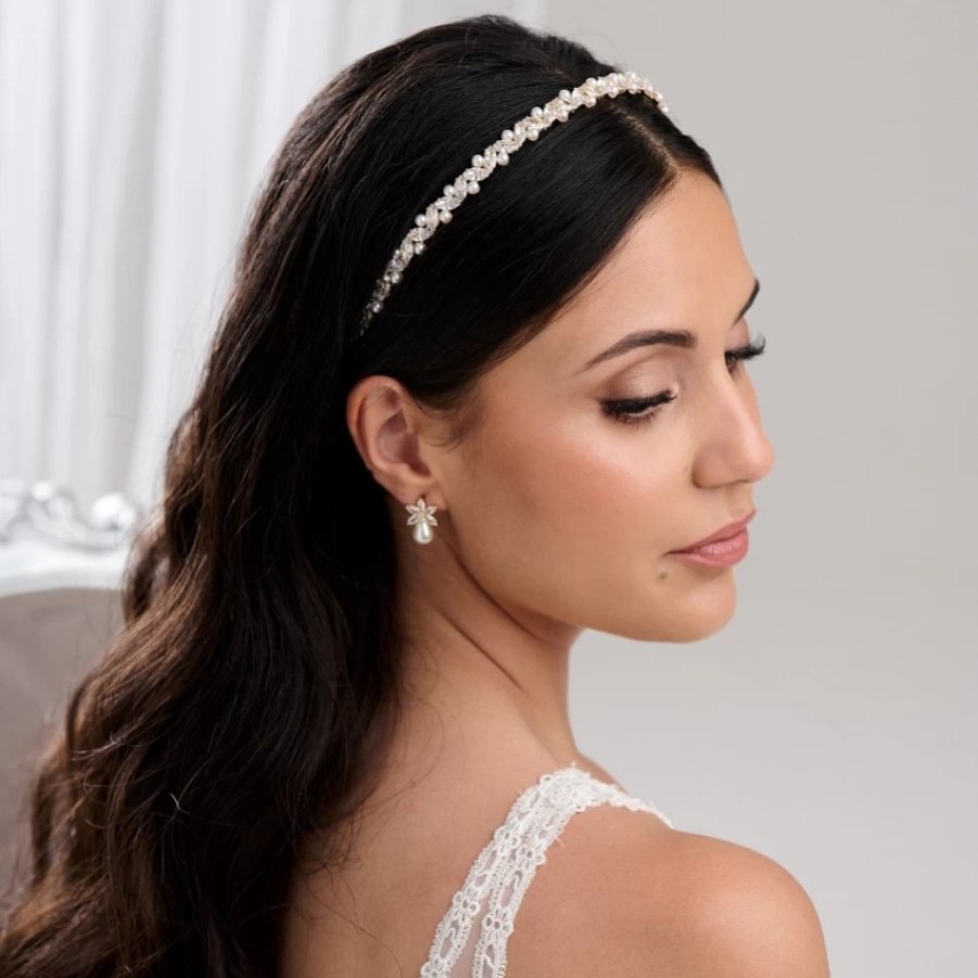 Lace & Favour Rochelle Gold Narrow Crystal And Pearl Headband Wholesale