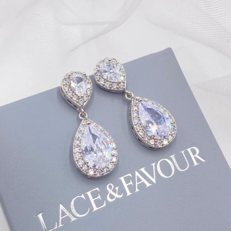 Lace & Favour Celeste Crystal Embellished Wedding Earrings (Silver) Hot