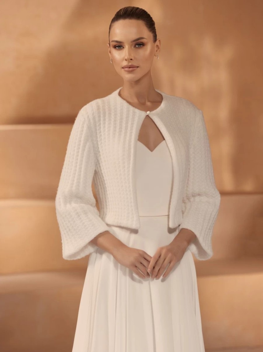 Bianco Evento Bianco Ivory Knitted Three Quarter Sleeve Bridal Jacket E432 Clearance