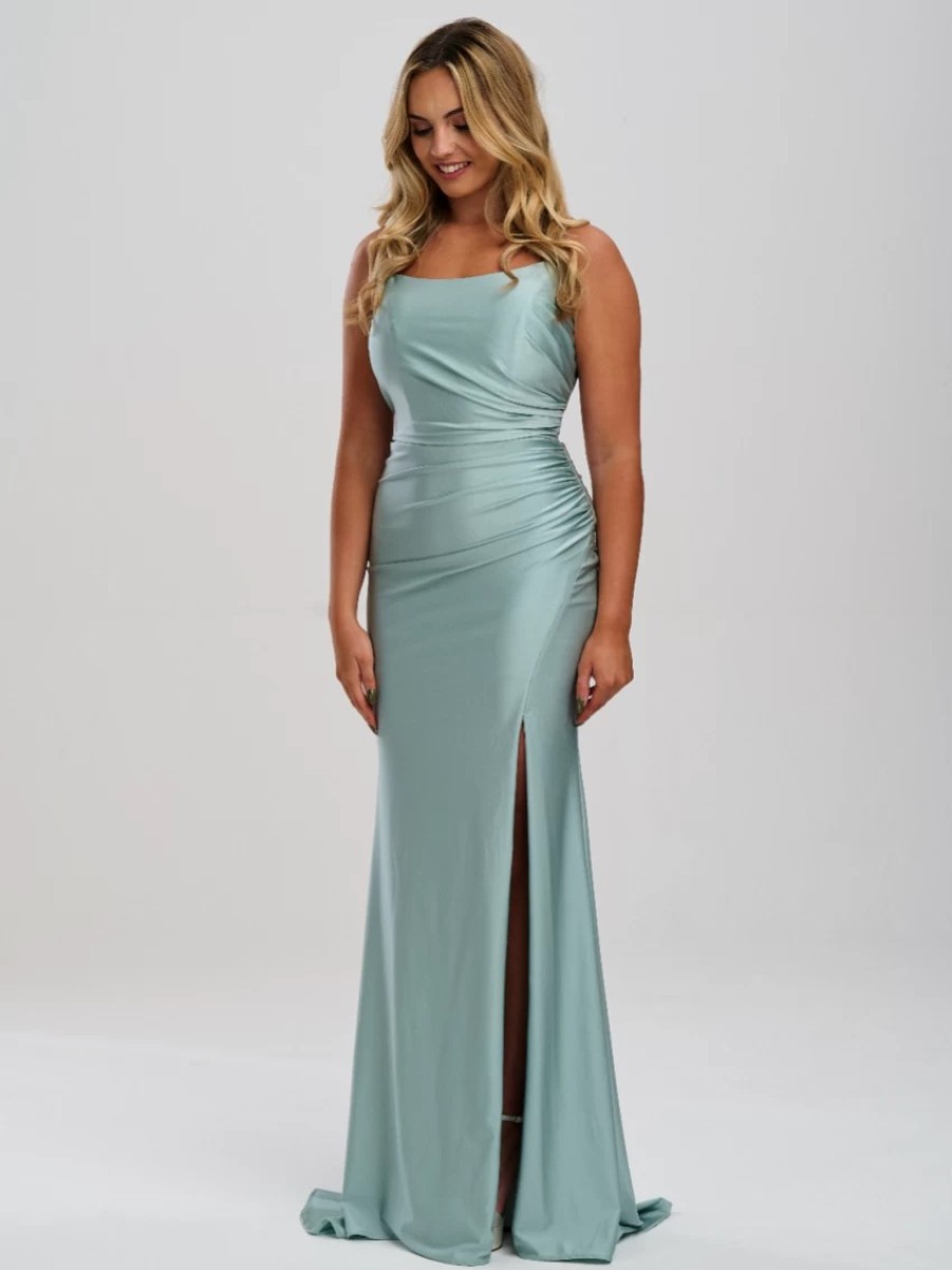 Linzi Jay Linzi Jay Crossover Back Ruched Stretch Satin Prom Dress With Slit Best