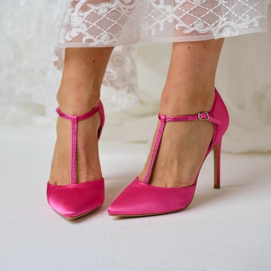 Perfect Bridal Perfect Bridal Jessica Fuchsia Satin High Heel Diamante T-Bar Shoes Clearance