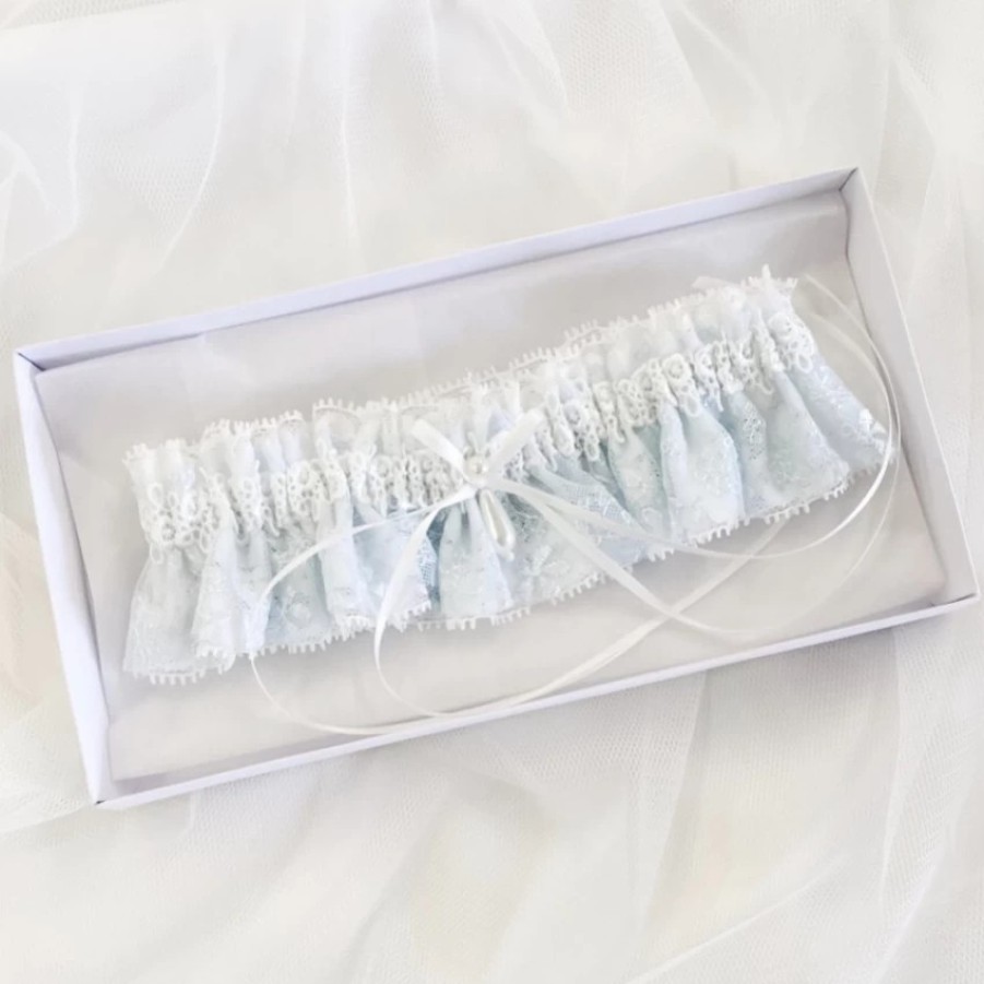 Boudoir Couture Chantilly Blue Floral Lace Bridal Garter With Pearl Droplet Hot