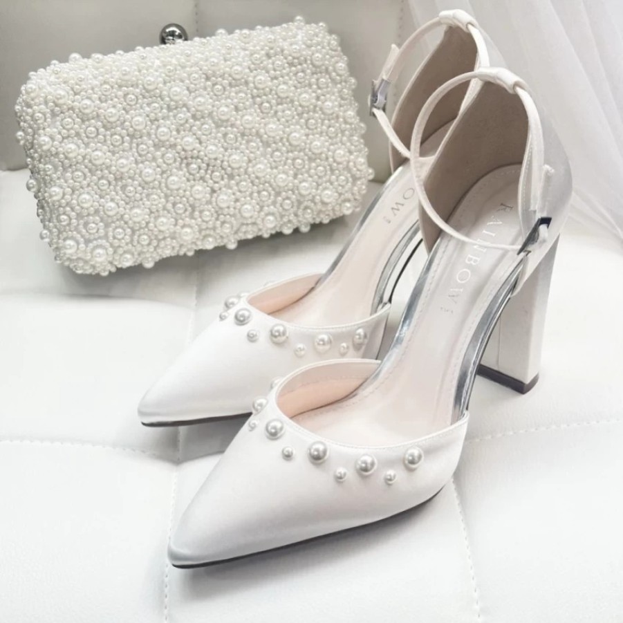 Rainbow Club Rainbow Club Maya Dyeable Ivory Satin Pearl Block Heel Ankle Strap Court Shoes Wholesale