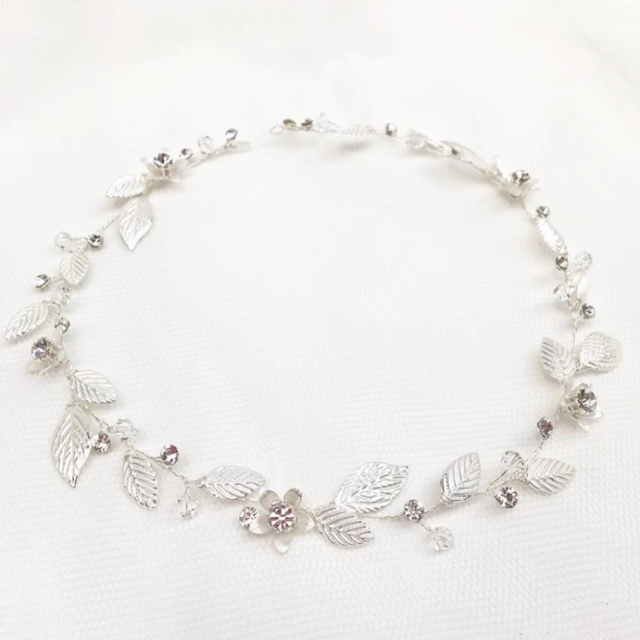 Bianco Evento Bianco Silver Leaves And Crystal Flowers Bridal Halo 2706 Clearance