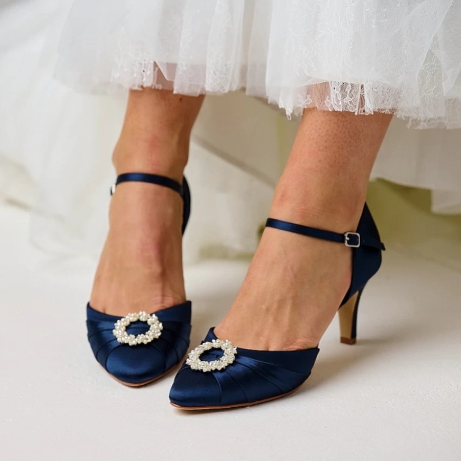 Perfect Bridal Perfect Bridal Kitty Navy Satin Pearl Brooch Two Part Court Shoes Best