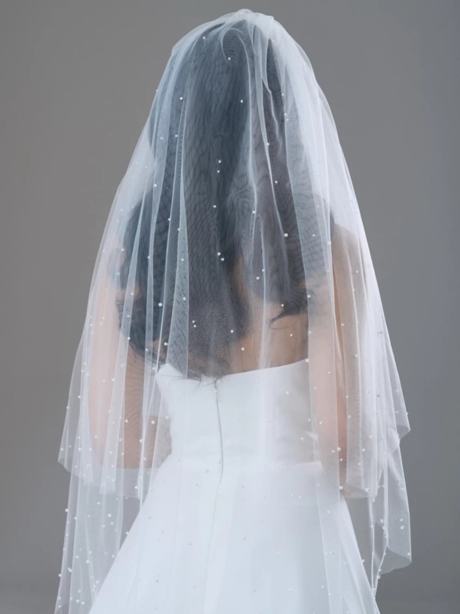 Twilight Designs Bellavue Ivory Two Tier Scattered Pearl Veil With Cut Edge Online