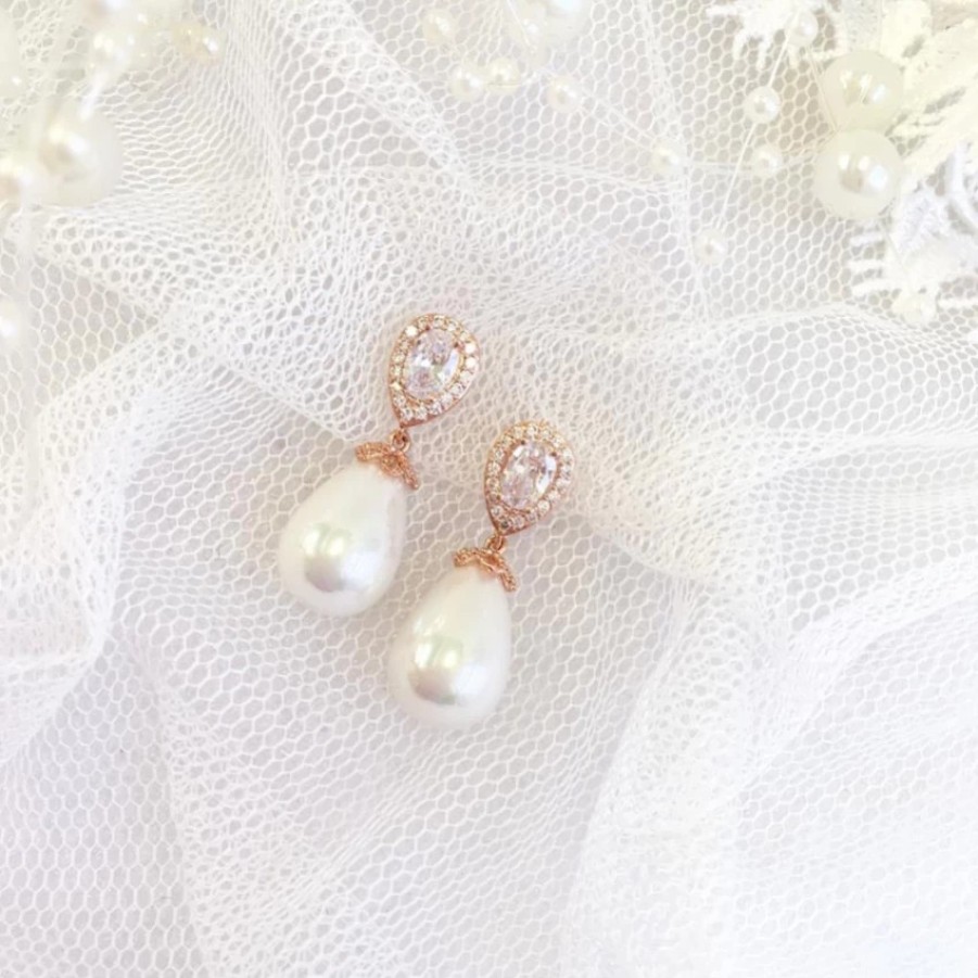 Lace & Favour Paloma Teardrop Pearl Wedding Earrings (Rose Gold) Hot