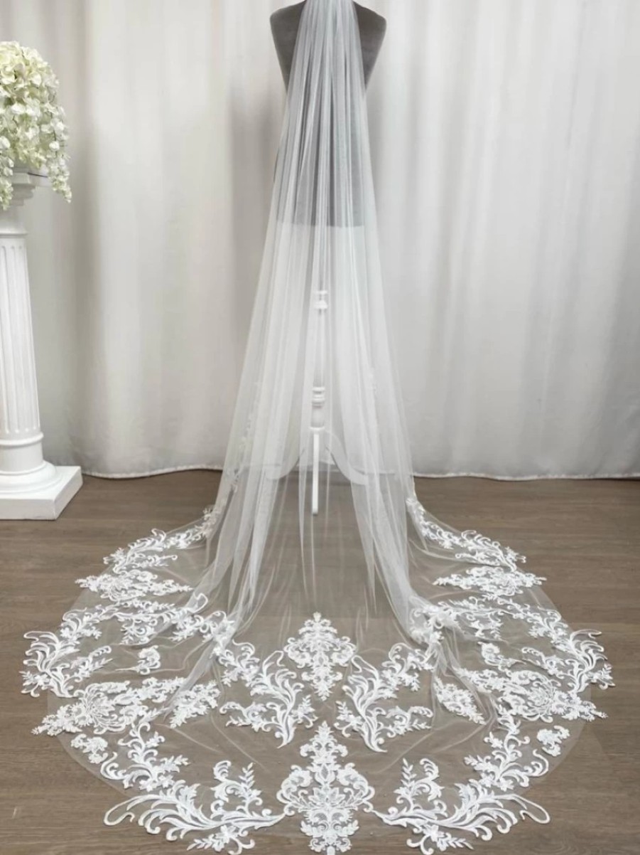 Joyce Jackson Joyce Jackson Florence Long Ornate Single Tier Veil With Lace Motifs Hot