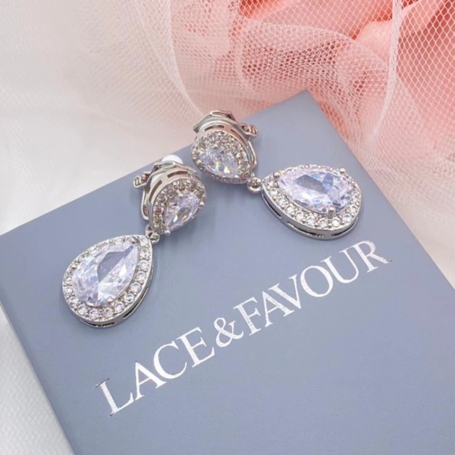 Lace & Favour Celeste Clip On Silver Crystal Embellished Wedding Earrings Hot