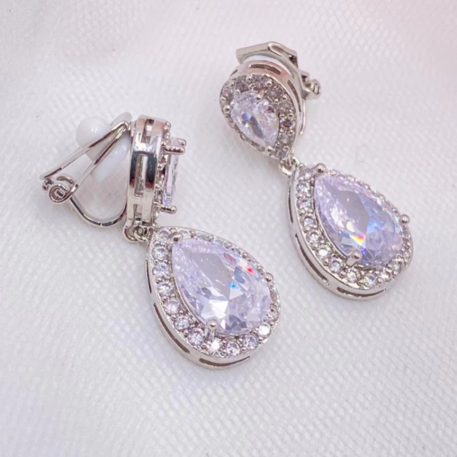 Lace & Favour Celeste Clip On Silver Crystal Embellished Wedding Earrings Hot