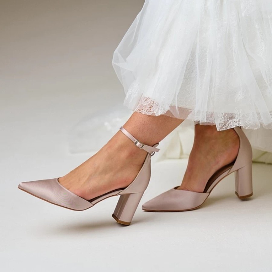 Perfect Bridal Perfect Bridal Liberty Taupe Satin Block Heel Ankle Strap Court Shoes Wholesale