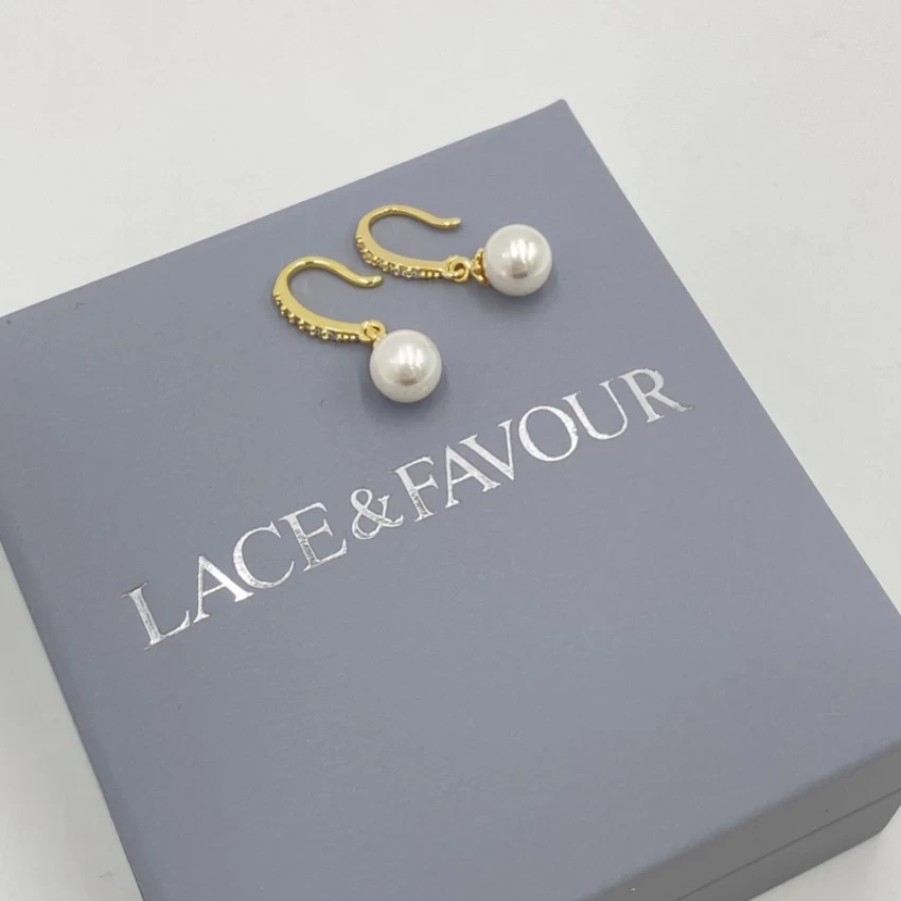 Lace & Favour Chloe Gold Dainty Pearl Drop Wedding Earrings Best