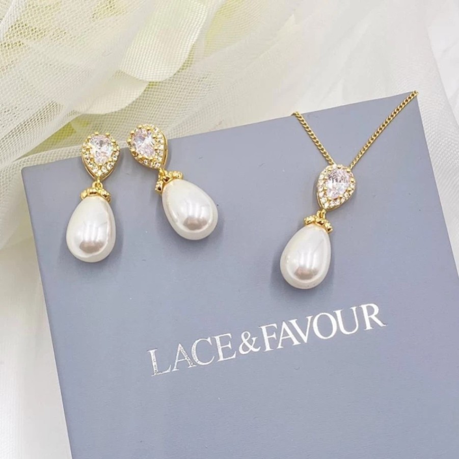 Lace & Favour Paloma Gold Teardrop Pearl Bridal Jewellery Set Hot