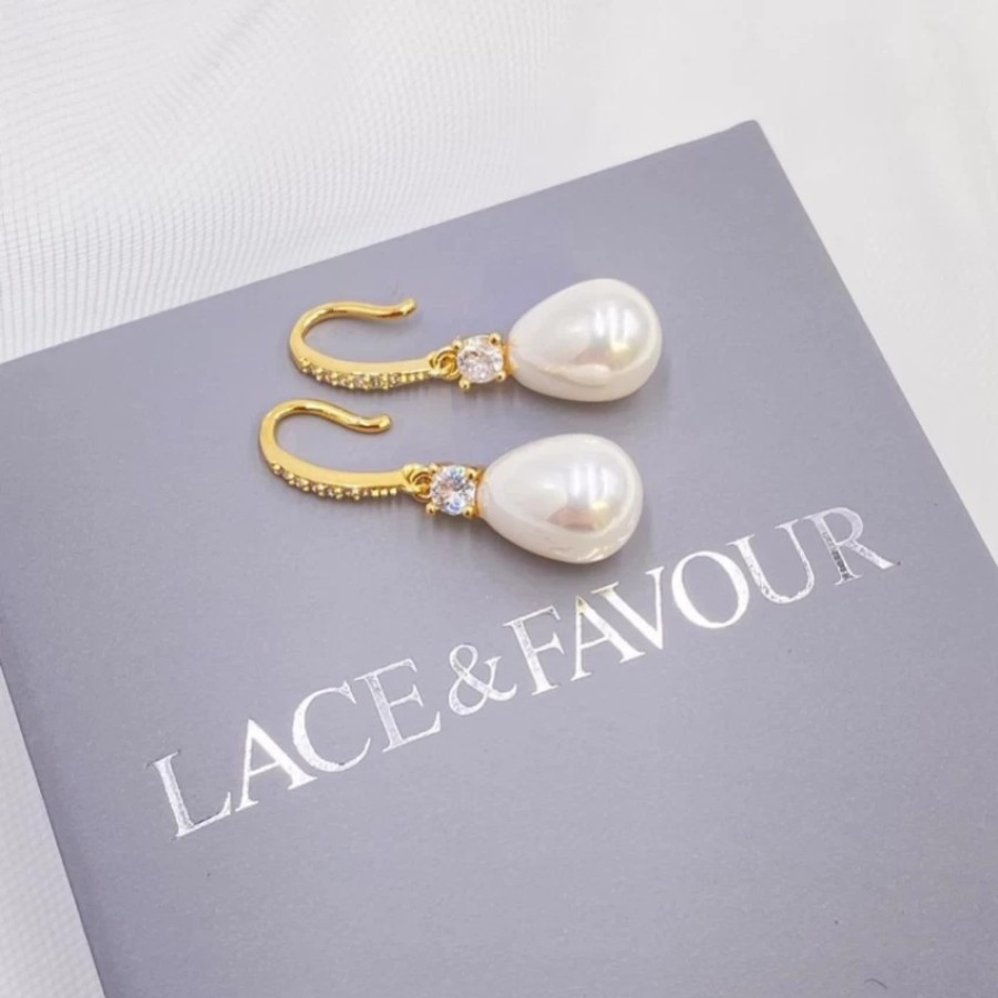 Lace & Favour Dolci Gold Crystal Embellished Teardrop Pearl Earrings New