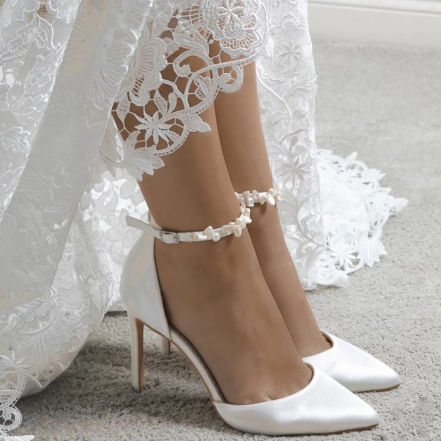 Perfect Bridal Perfect Bridal Ella Dyeable Ivory Satin Keshi Pearl Ankle Strap Court Shoes Wholesale