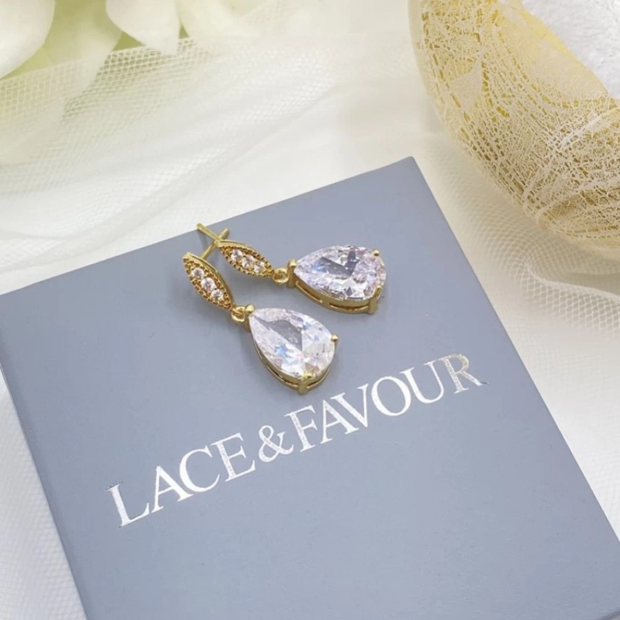 Lace & Favour Ellie Gold Teardrop Crystal Earrings Hot