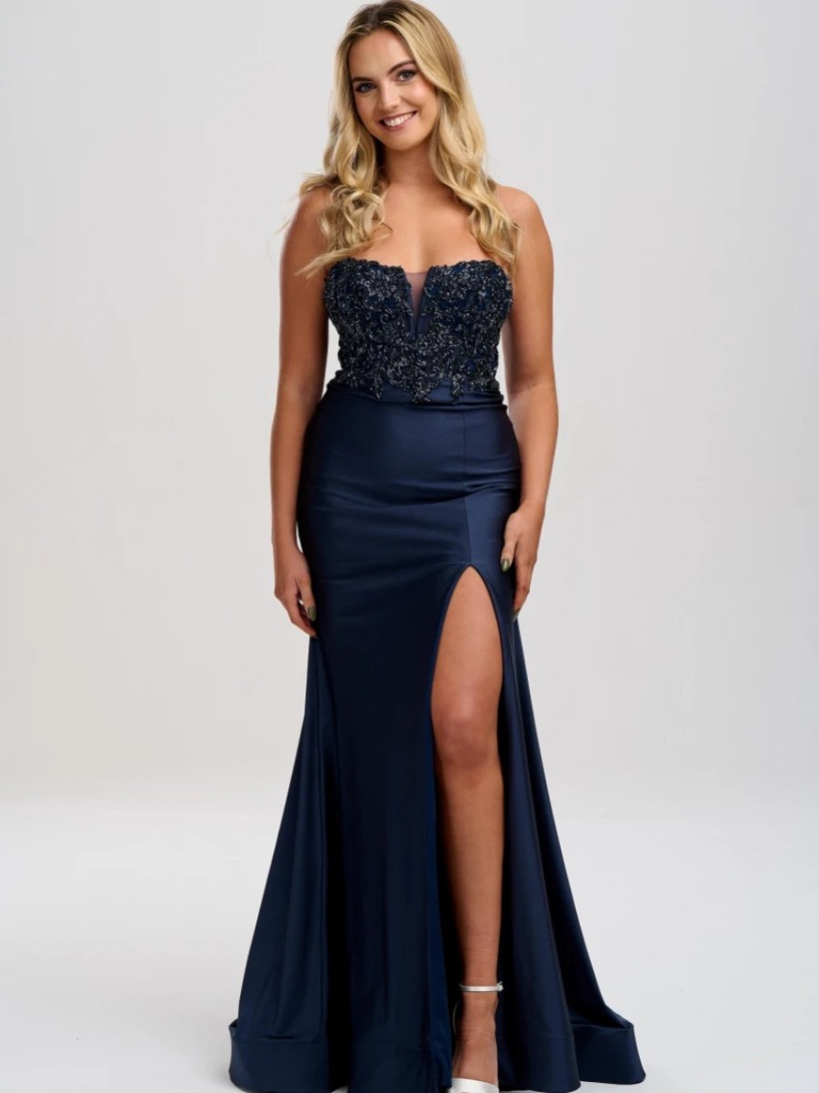 Linzi Jay Linzi Jay Navy Strapless Beaded Corset Prom Dress With Slit Wholesale