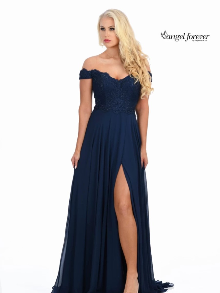 Angel Forever Angel Forever Off The Shoulder Chiffon Prom Dress With Lace Bodice (Navy) Online