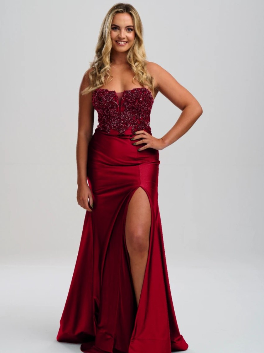 Linzi Jay Linzi Jay Burgundy Strapless Beaded Corset Prom Dress With Slit Wholesale