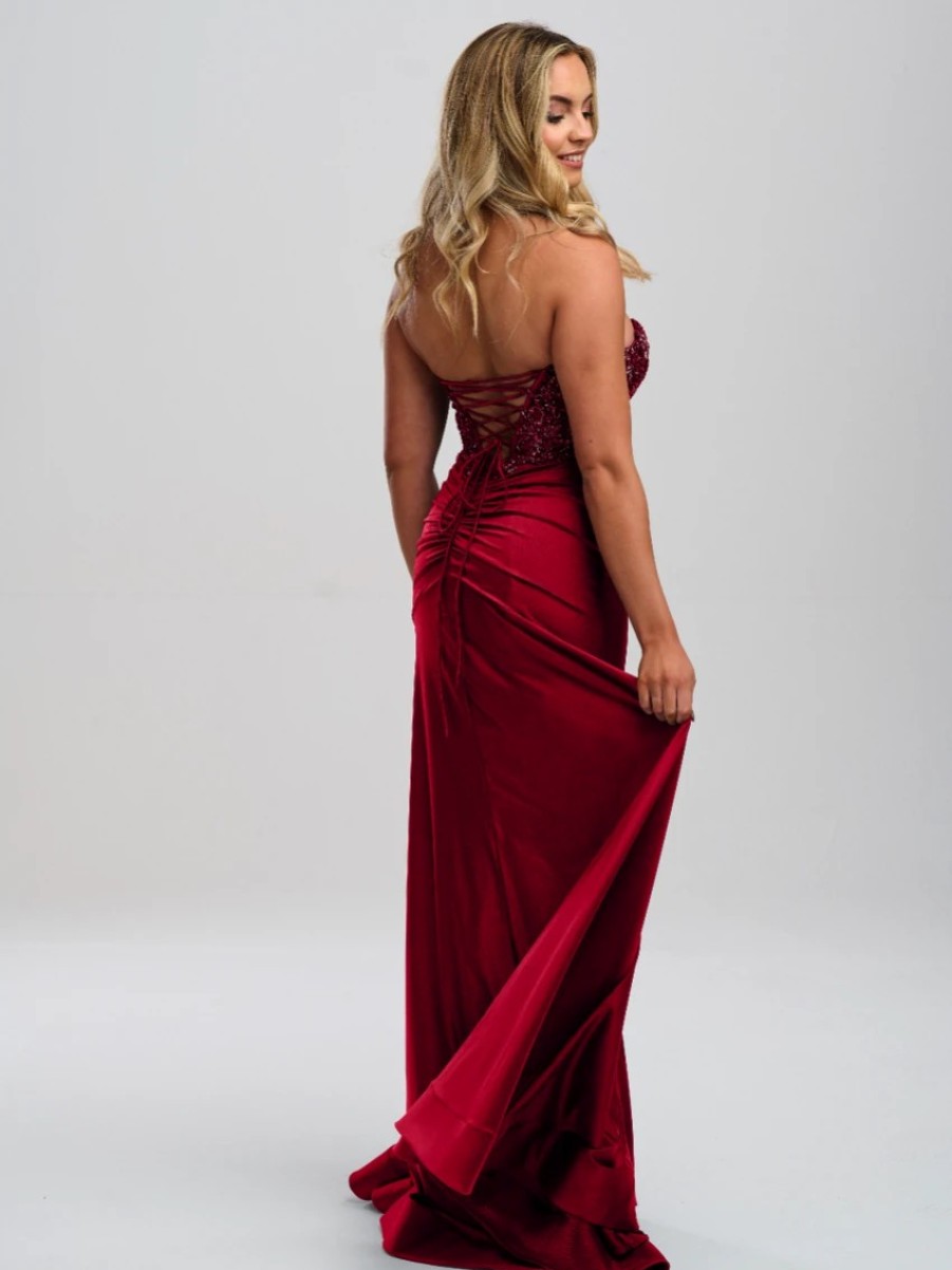 Linzi Jay Linzi Jay Burgundy Strapless Beaded Corset Prom Dress With Slit Wholesale