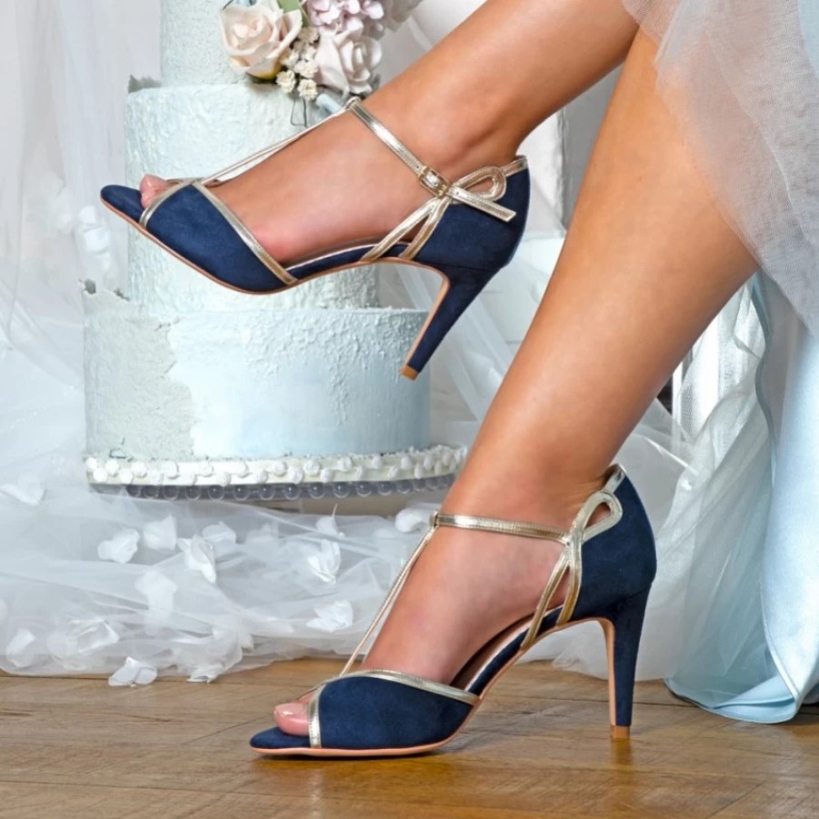 Perfect Bridal Perfect Bridal Joanna Navy Suede And Gold T-Bar Shoes New