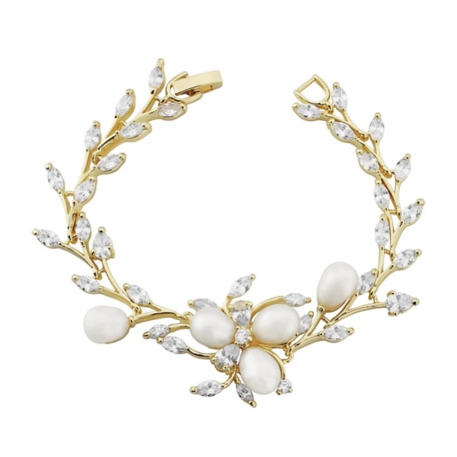 Lace & Favour Lola Freshwater Pearl And Crystal Leaves Wedding Bracelet (Gold) Hot