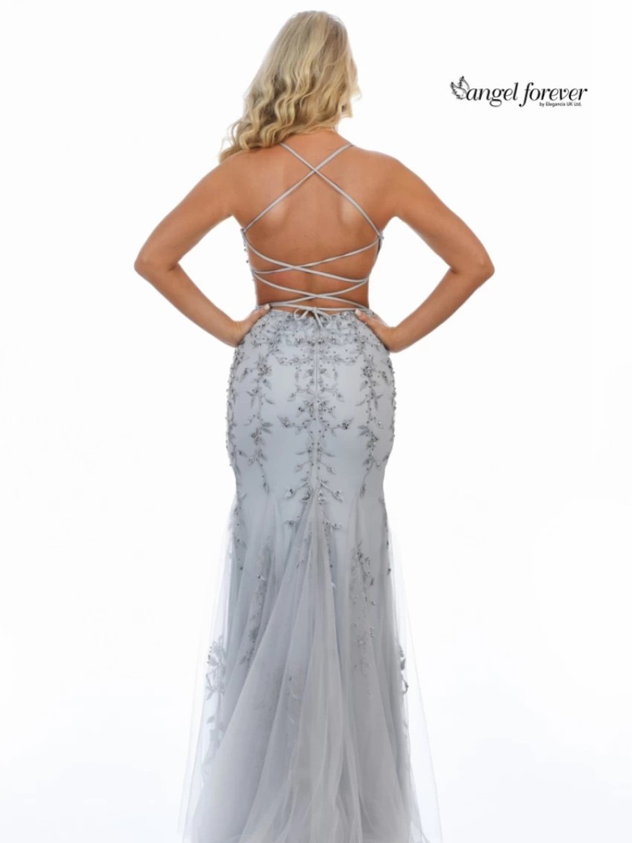 Angel Forever Angel Forever Beaded Lace Backless Fishtail Prom Dress (Silver) Hot