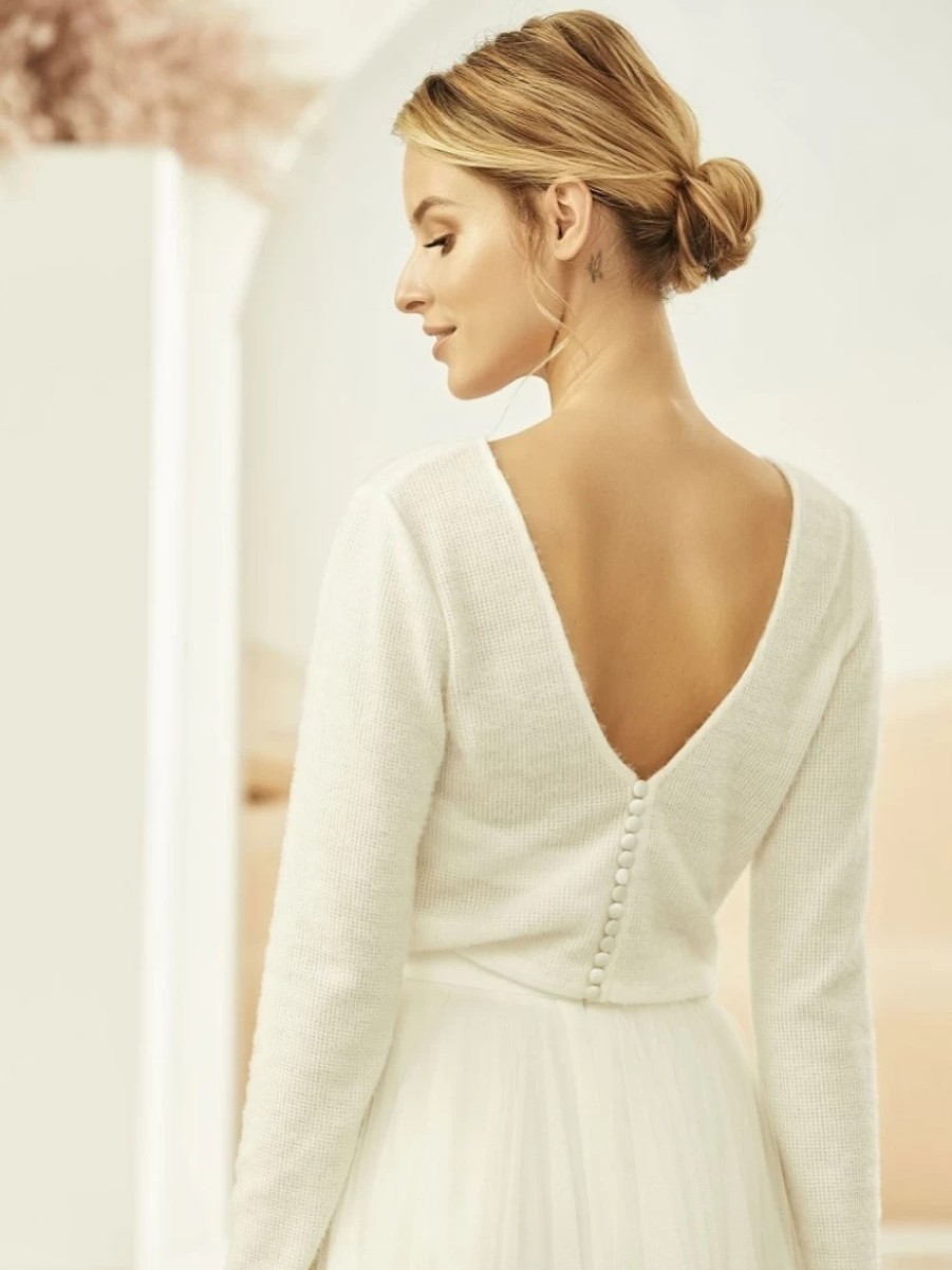 Bianco Evento Bianco Ivory Knitted V Back Long Sleeve Bridal Jumper E326 Wholesale