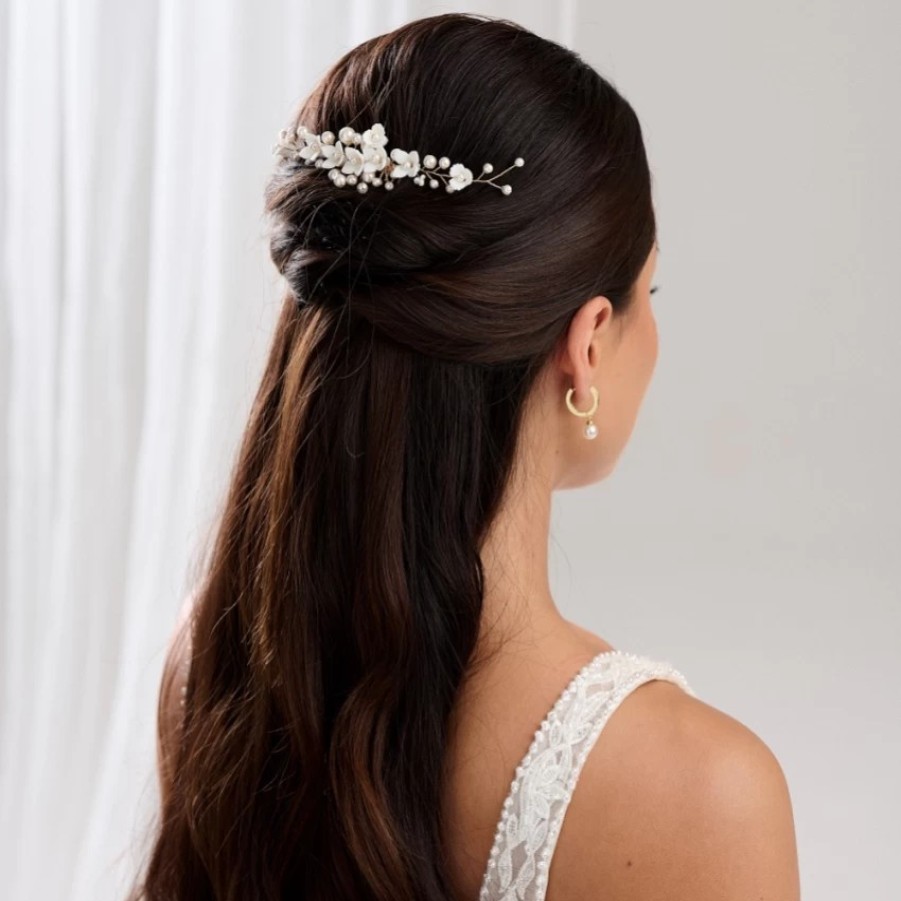 Lace & Favour Skye Porcelain Flowers And Pearl Bridal Hair Comb (Gold) Online