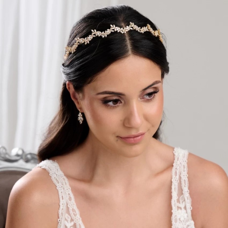 Lace & Favour Cortez Gold Dainty Cubic Zirconia Wedding Headband New