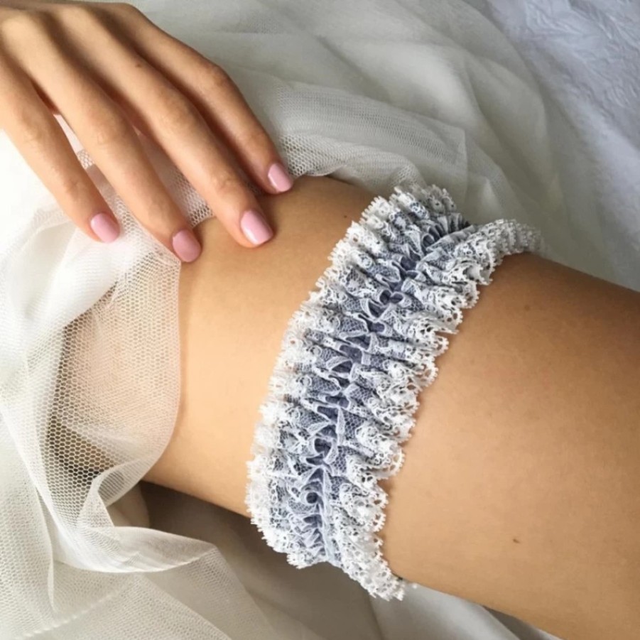 Boudoir Couture Bliss Denim Blue And Ivory Lace Reversible Wedding Garter Hot