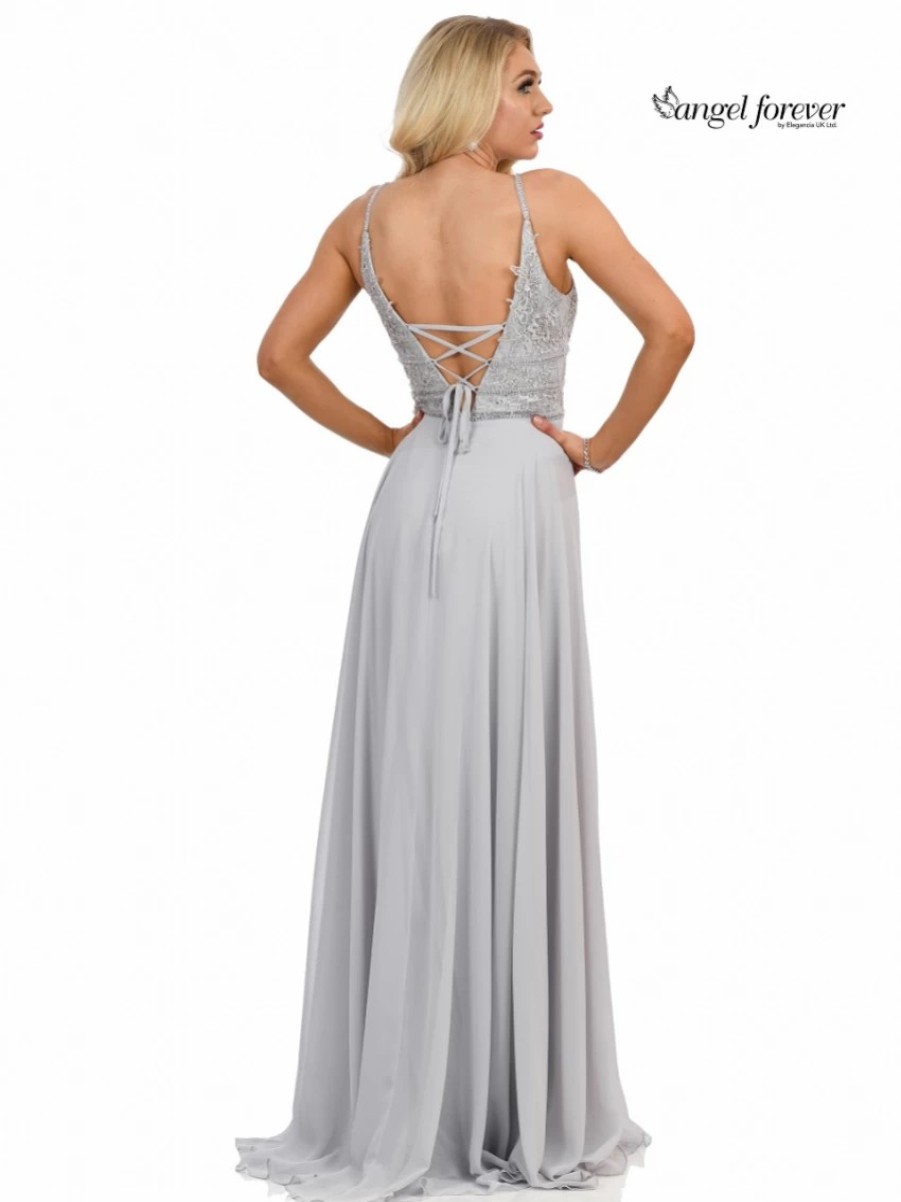 Angel Forever Angel Forever Beaded Lace A Line Chiffon Prom Dress With Slit (Silver) Online