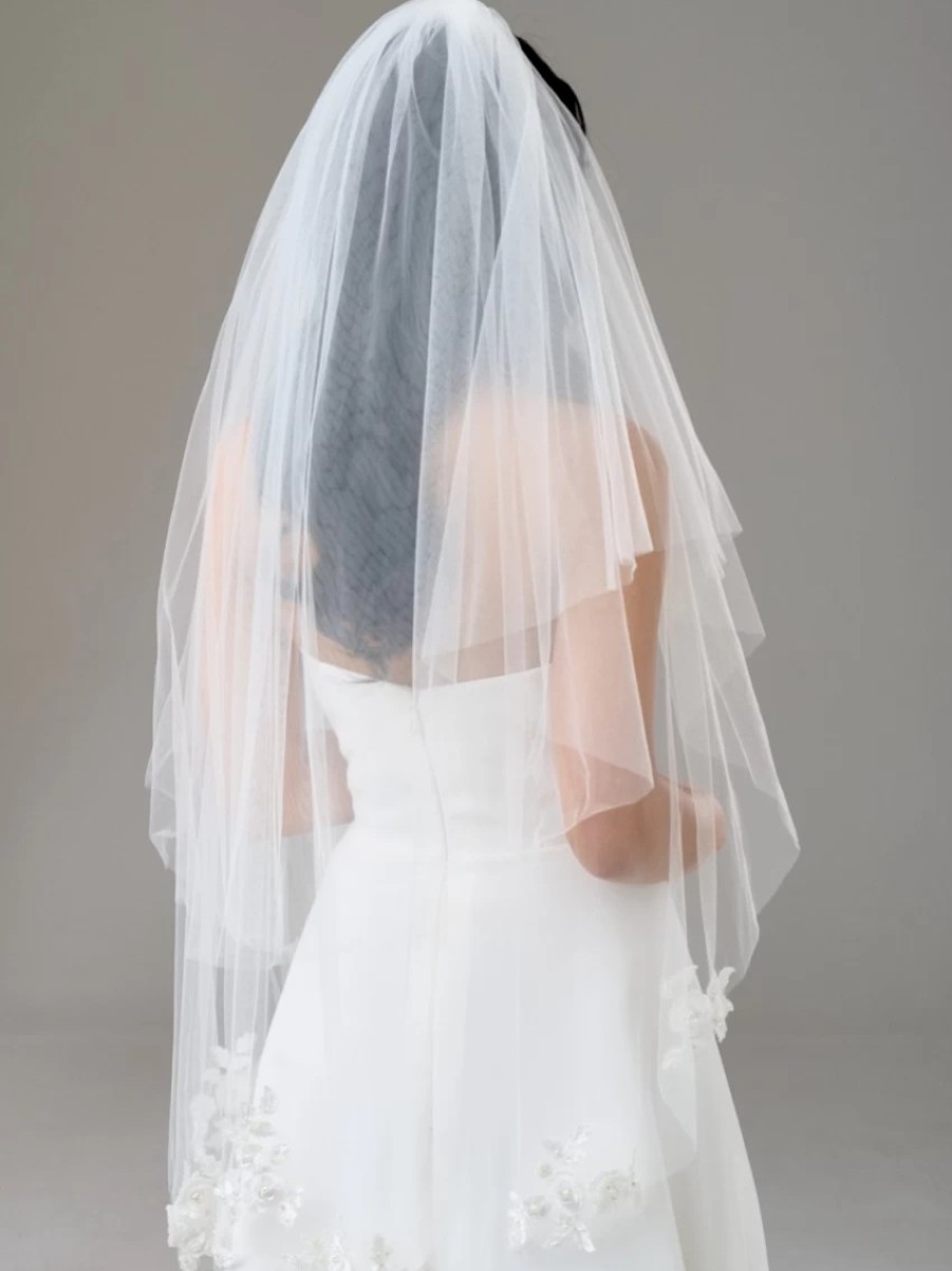 Twilight Designs Bloomington Ivory Two Tier Cut Edge Veil With Floral Motifs Hot