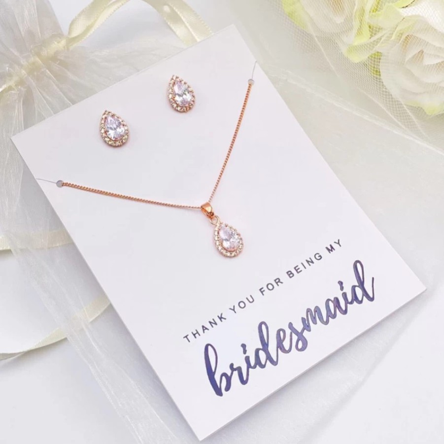 Lace & Favour Thank You For Being My Bridesmaid Rose Gold Crystal Stud Jewellery Set Clearance