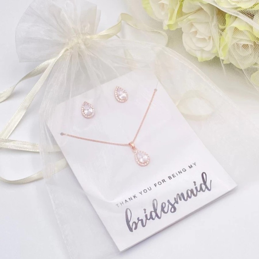 Lace & Favour Thank You For Being My Bridesmaid Rose Gold Crystal Stud Jewellery Set Clearance