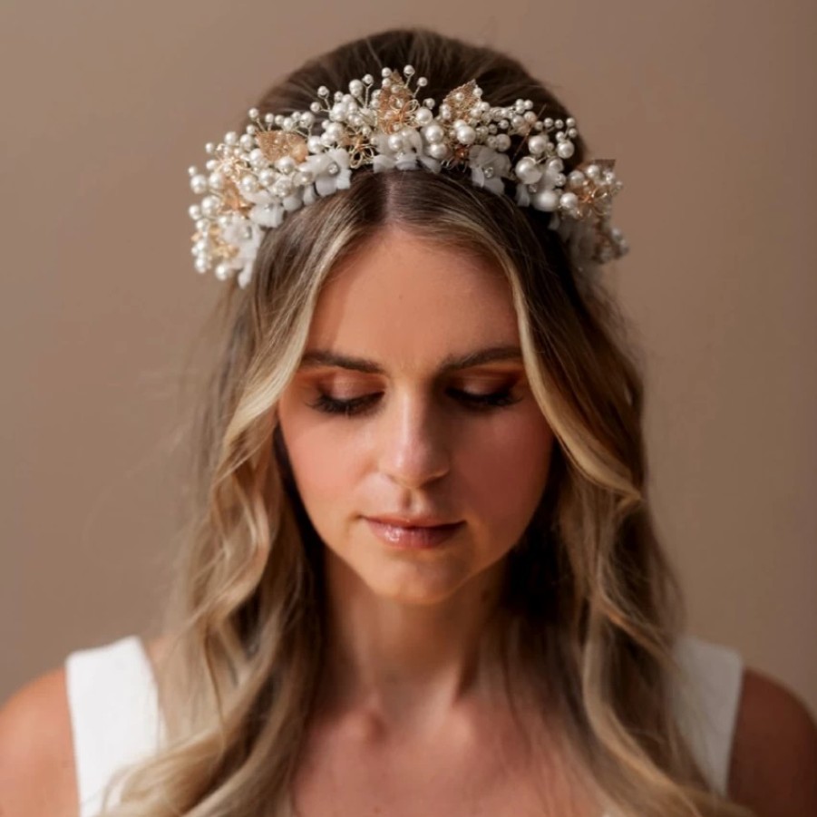 Arianna Arianna Divine Gold Leaves And Pearl Statement Floral Tiara Ar738 Wholesale