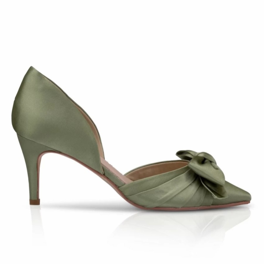 Perfect Bridal Perfect Bridal Margo Olive Green Satin Mid Heel Bow Court Shoes Clearance