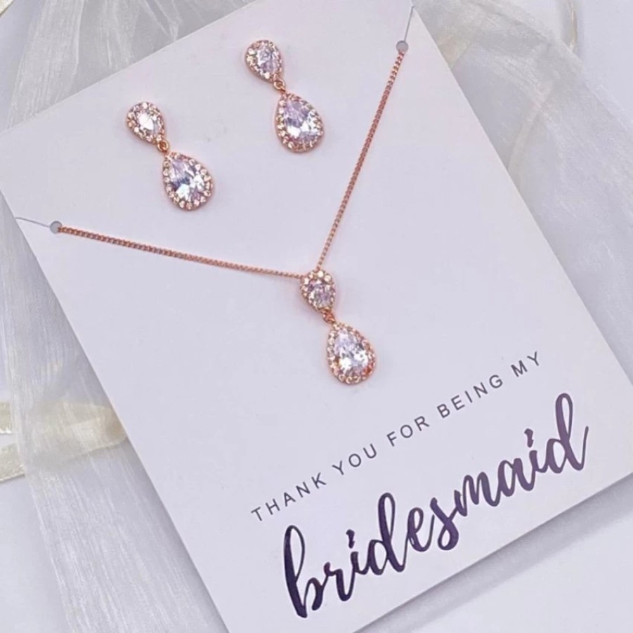 Lace & Favour Thank You For Being My Bridesmaid Rose Gold Teardrop Crystal Jewellery Set Hot