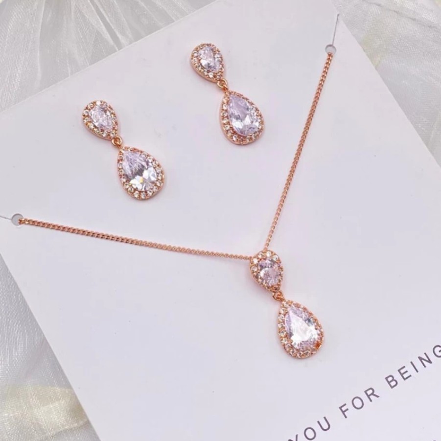 Lace & Favour Thank You For Being My Bridesmaid Rose Gold Teardrop Crystal Jewellery Set Hot