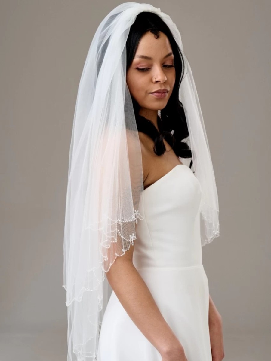 Twilight Designs Atlanta Two Tier Beaded Scalloped Edge Veil With Crystal Drops New